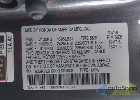 2019 Honda Cr-V Touring z USA, uszkodzony, nr VIN 5J6RW2H9XKL001608